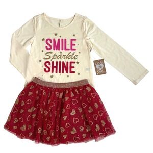 Love @ First Sight Girls Sz 5/6 Outfit Set‎ Sparkle Tshirt Red Gold Hearts Skirt